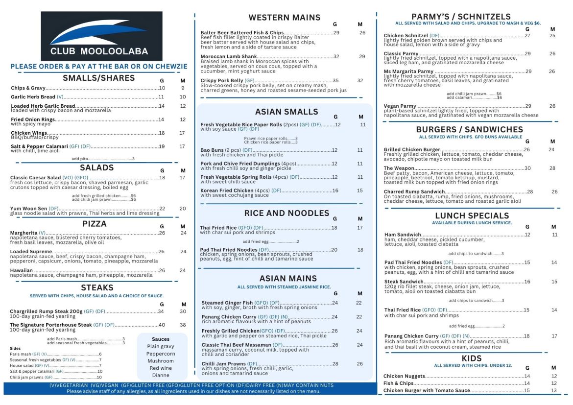 Mooloolaba Bowls Club Menu February 2026