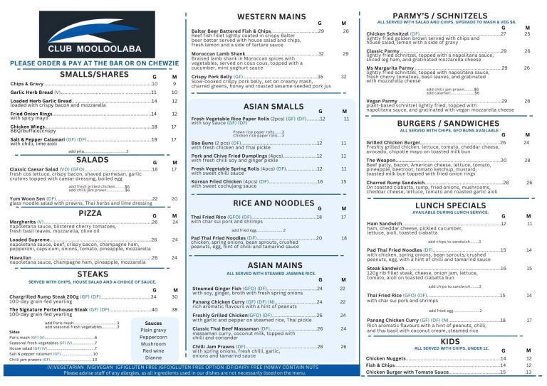 Mooloolaba Bowls Club Menu February 2026